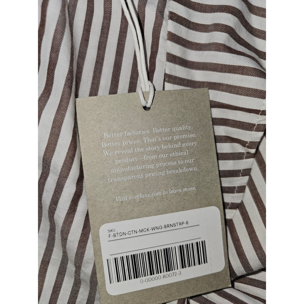Everlane Mock Neck Ruffle Blouse Womens 6 Brown Striped New Cotton Button Back - Picture 7 of 7